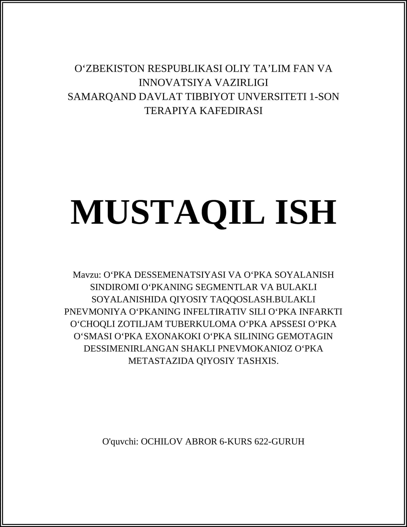 OʻPKA DESSEMENATSIYASI VA OʻPKA SOYALANISH SINDIROMI