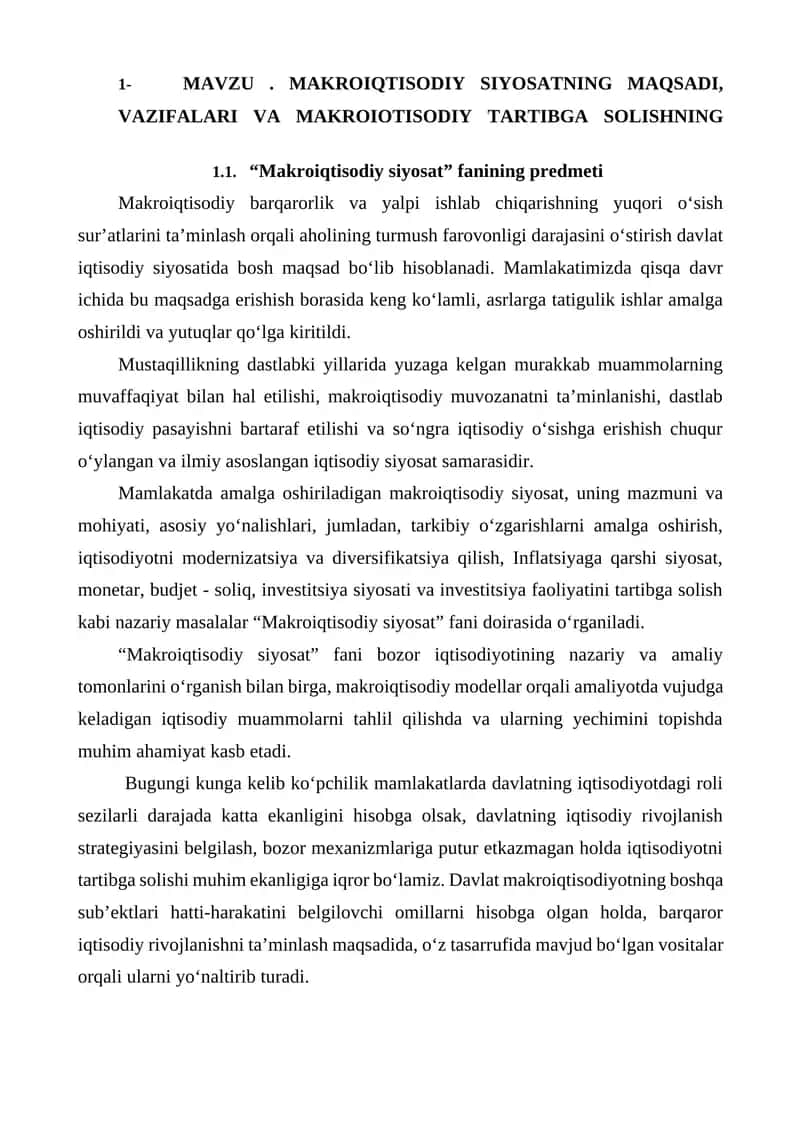 MAKROIQTISODIY SIYOSATNING MAQSADI, VAZIFALARI VA MAKROIQTISODIY TARTIBGA SOLISHNING ZARURIYATI
