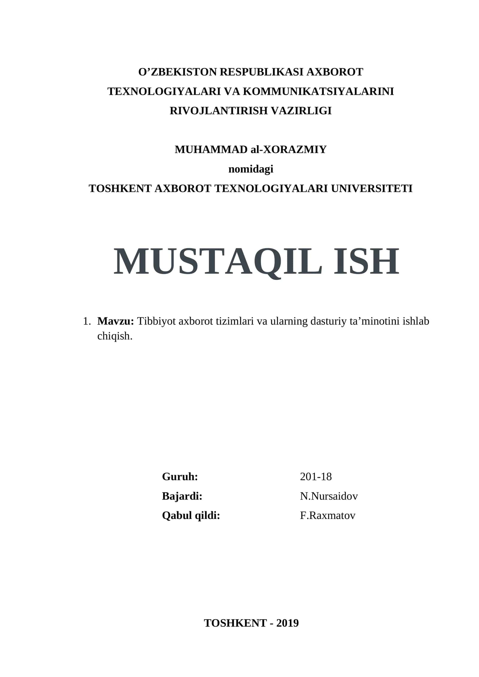 Tibbiyot axborot tizimlari va ularning dasturiy ta’minotini ishlab chiqish