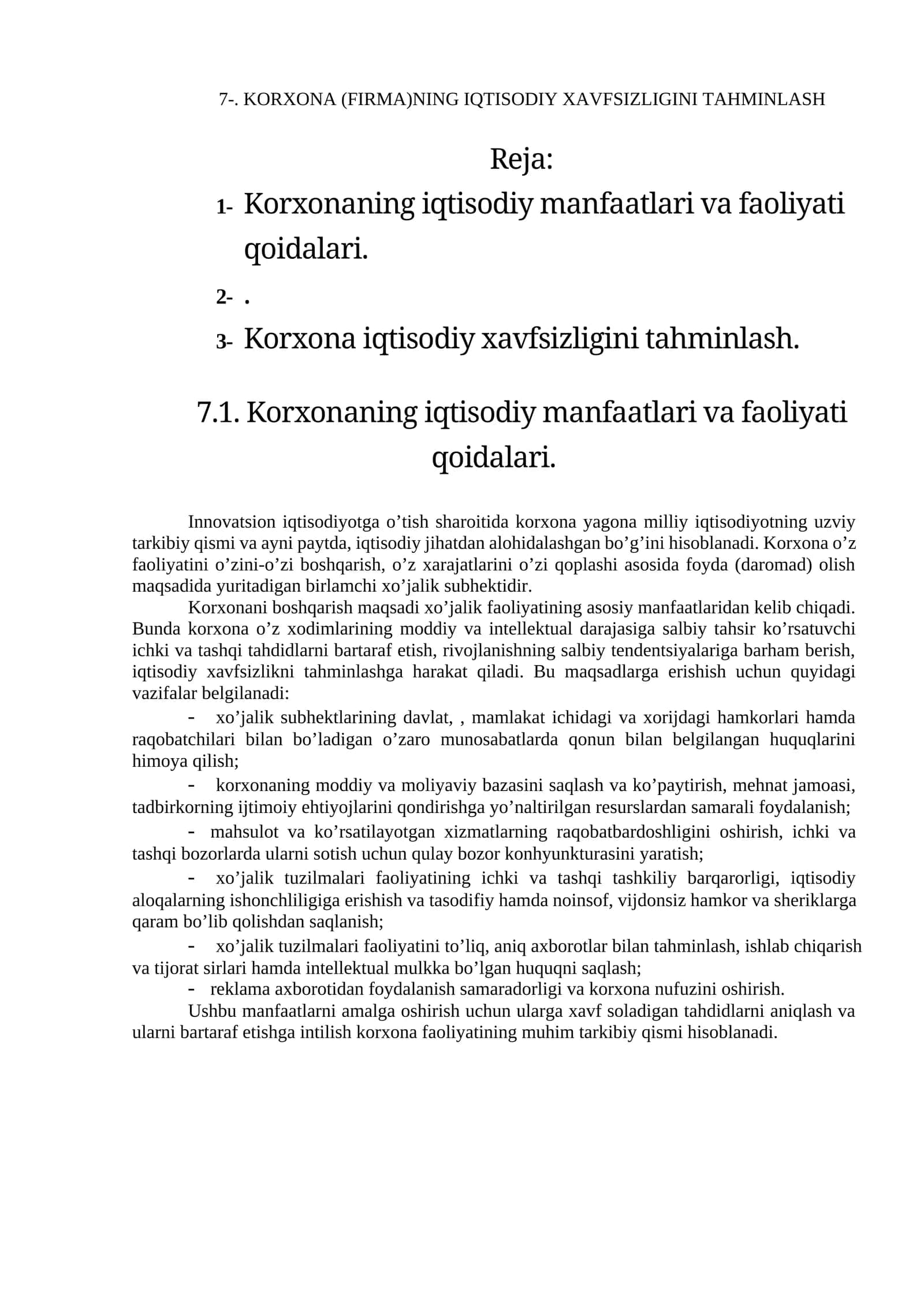 KORXONA (FIRMA)NING IQTISODIY XAVFSIZLIGINI TAHMINLASH