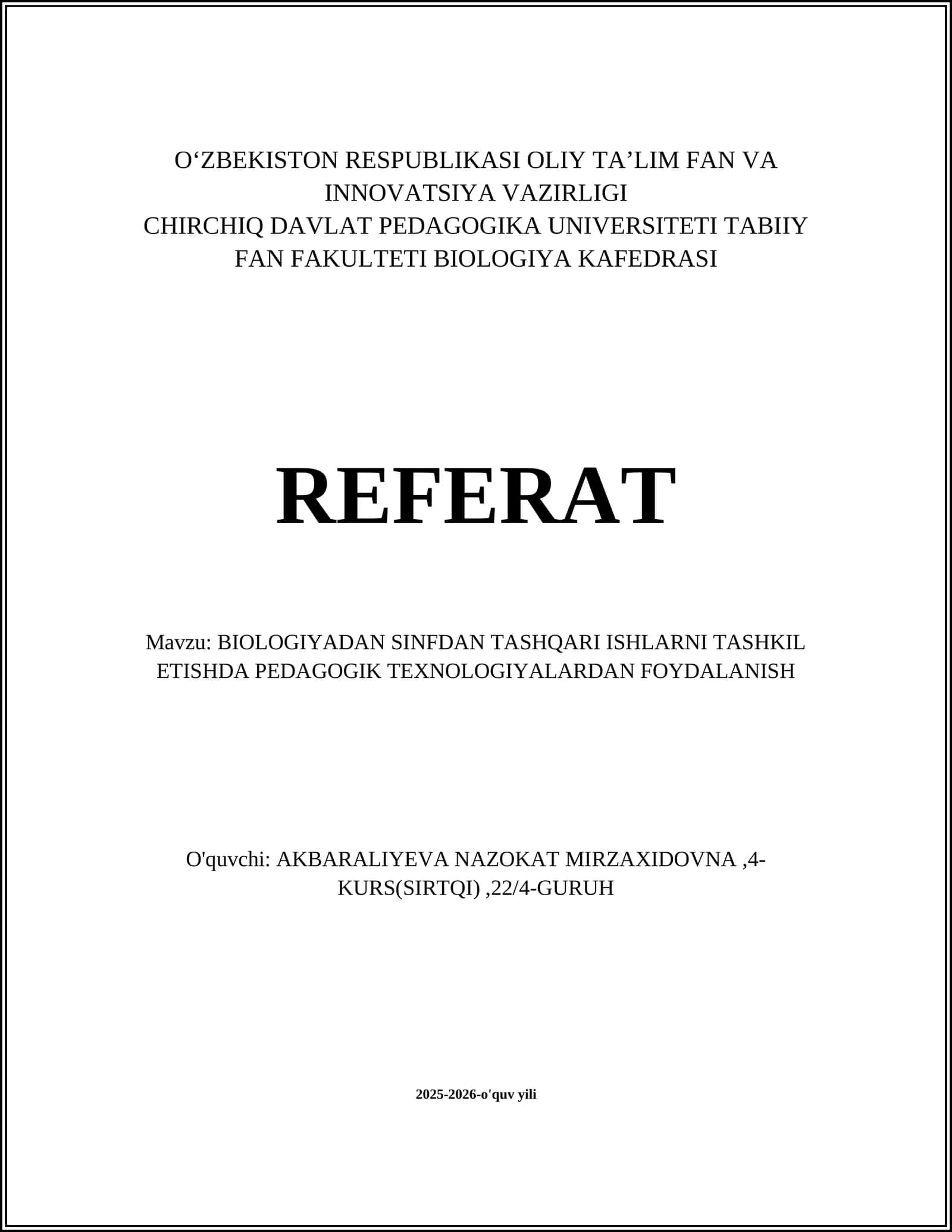 Pedagogik Texnologiyalar Asosida Biologiya Fanidan Sinfdan Tashqari Tadbirlarni Rejalashtirish Tamoyillari