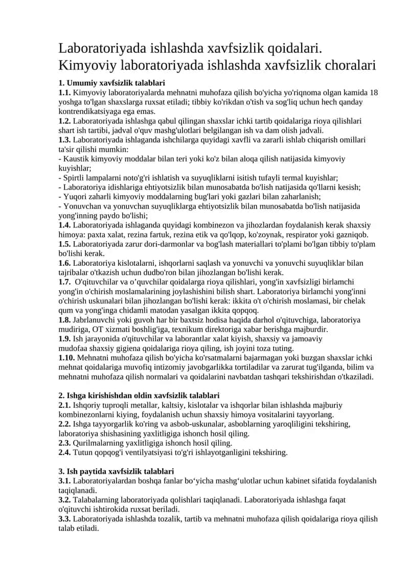 Kimyoviy laboratoriyada xavfsizlik choralari