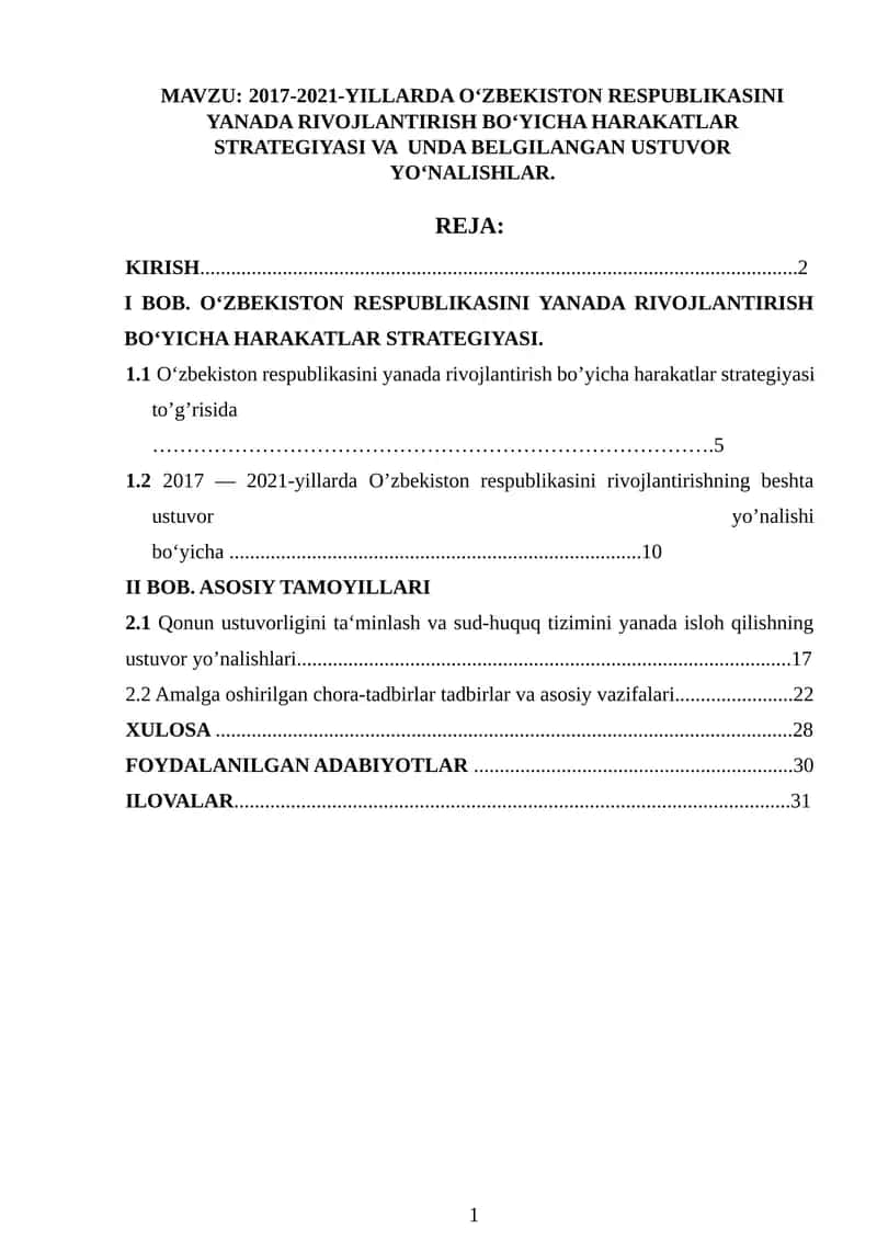 2017-2021-YILLARDA O‘ZBEKISTON RESPUBLIKASINI YANADA RIVOJLANTIRISH BOʻYICHA HARAKATLAR STRATEGIYASI VA  UNDA BELGILANGAN USTUVOR YOʻNALISHLAR