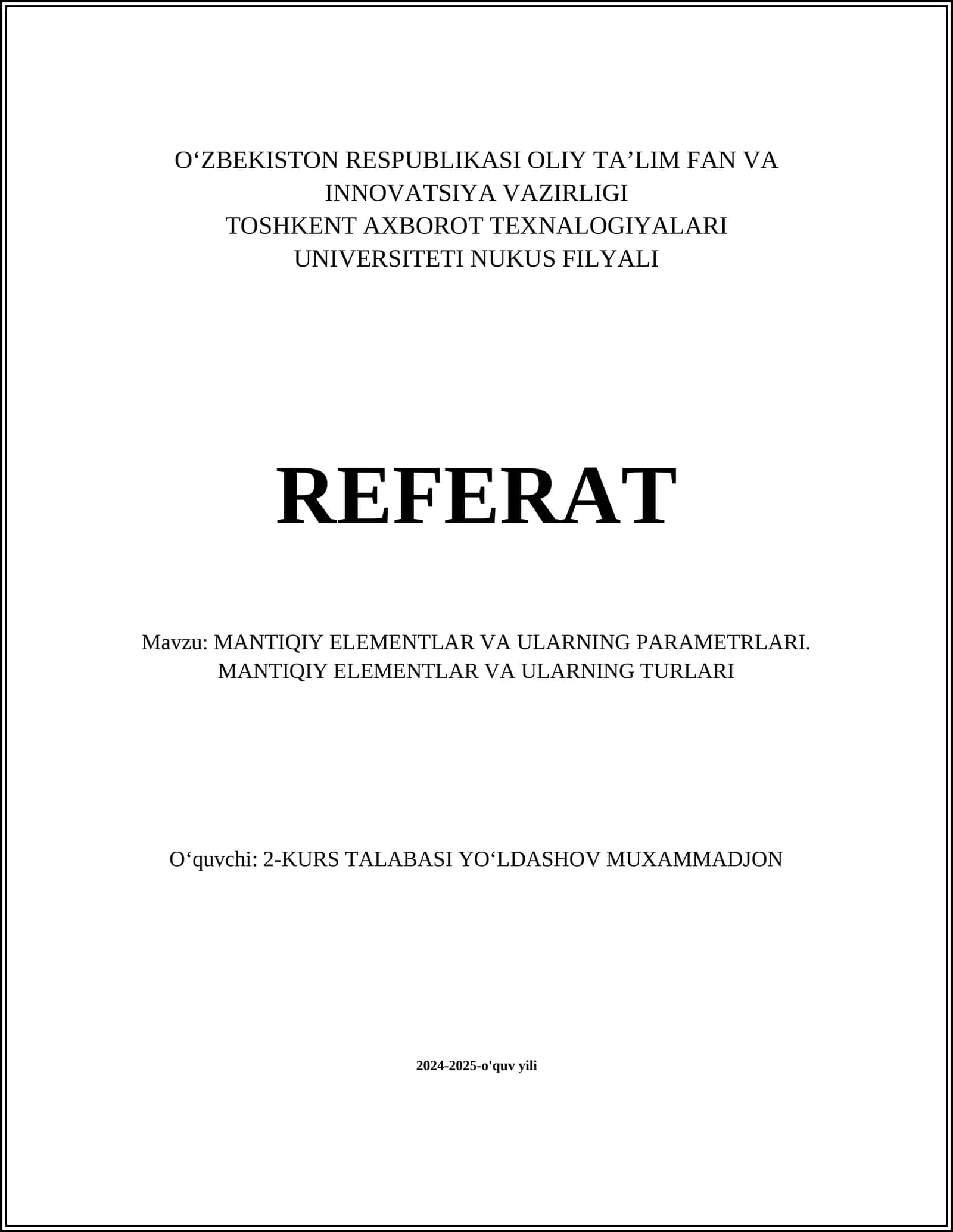 MANTIQIY ELEMENTLAR VA ULARNING PARAMETRLARI