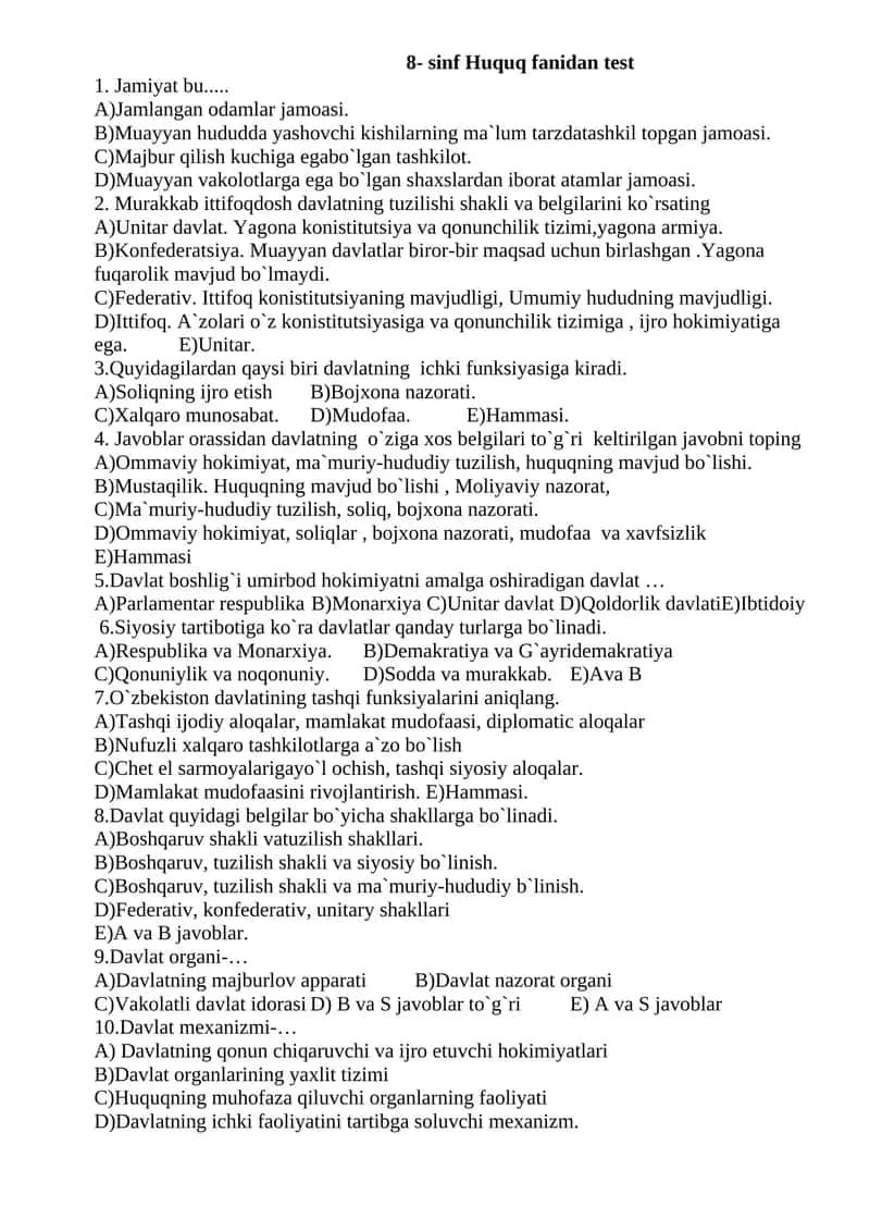 8- sinf Huquq fanidan test