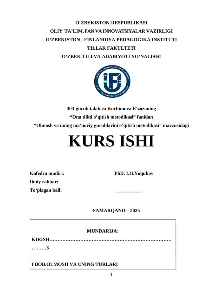 Olmosh va uning ma’noviy guruhlarini o’qitish metodikasi