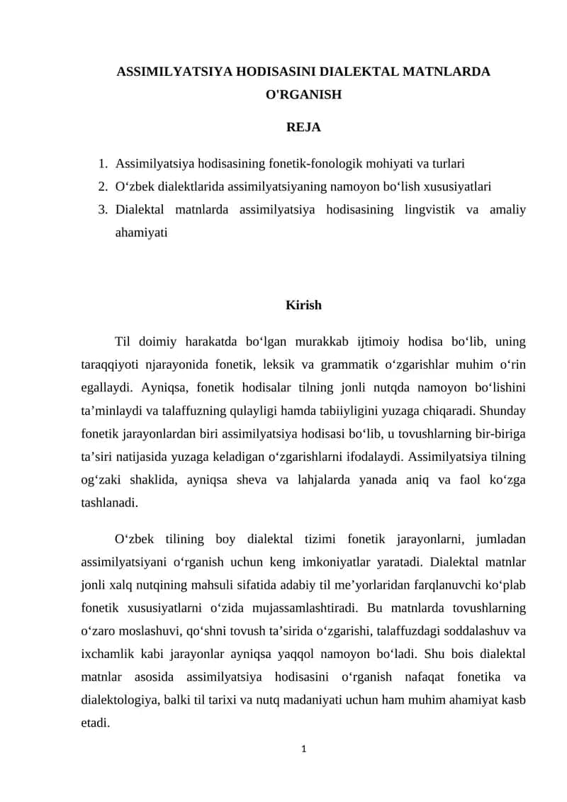 ASSIMILYATSIYA HODISASINI DIALEKTAL MATNLARDA O'RGANISH
