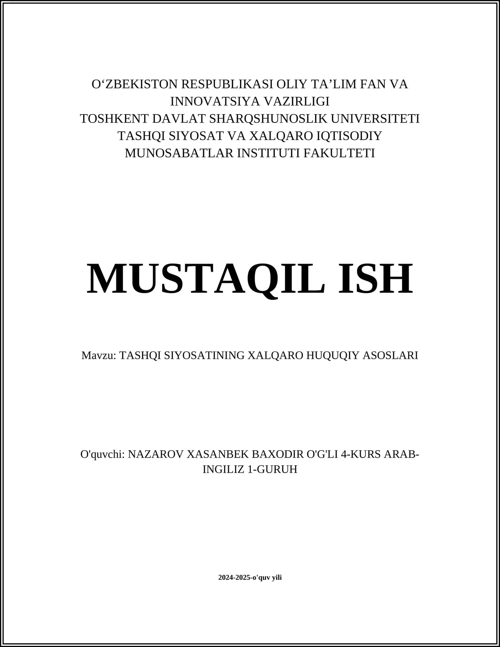 TASHQI SIYOSATINING XALQARO HUQUQIY ASOSLARI