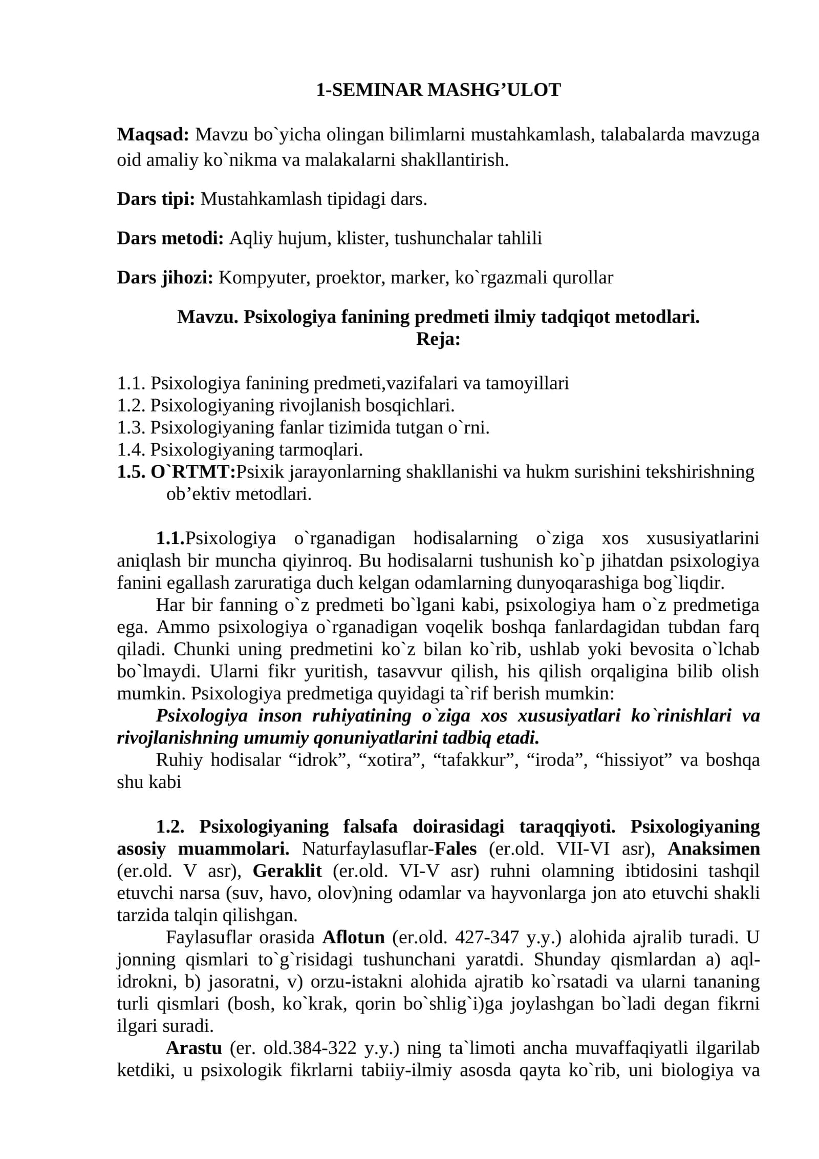 Psixologiya fanining predmeti ilmiy tadqiqot metodlari