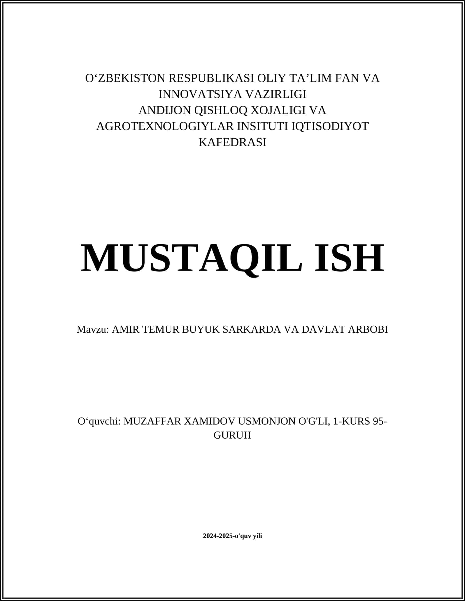 AMIR TEMUR BUYUK SARKARDA VA DAVLAT ARBOBI