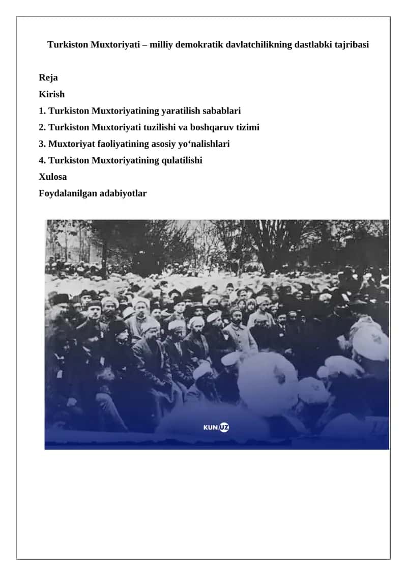Turkiston Muxtoriyati – milliy demokratik davlatchilikning dastlabki tajribasi
