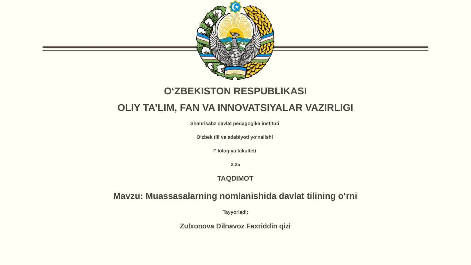 Muassasalarning nomlanishida davlat tilining oʻrni