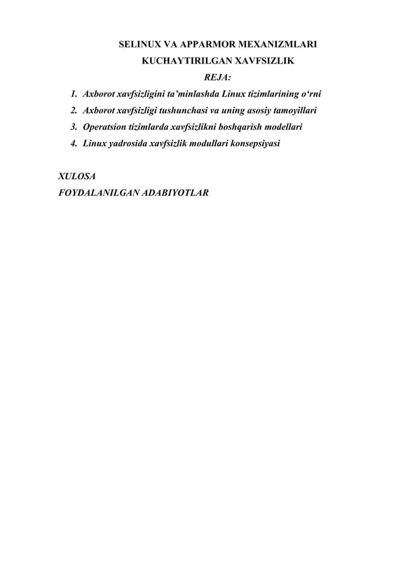 SELINUX VA APPARMOR MEXANIZMLARI KUCHAYTIRILGAN XAVFSIZLIK