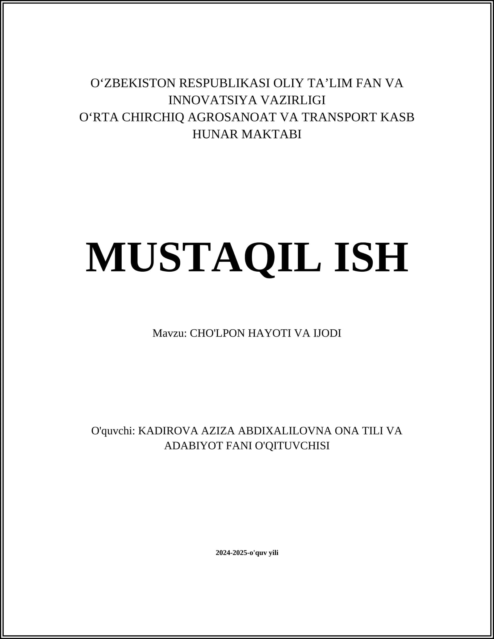 CHO'LPON HAYOTI VA IJODI