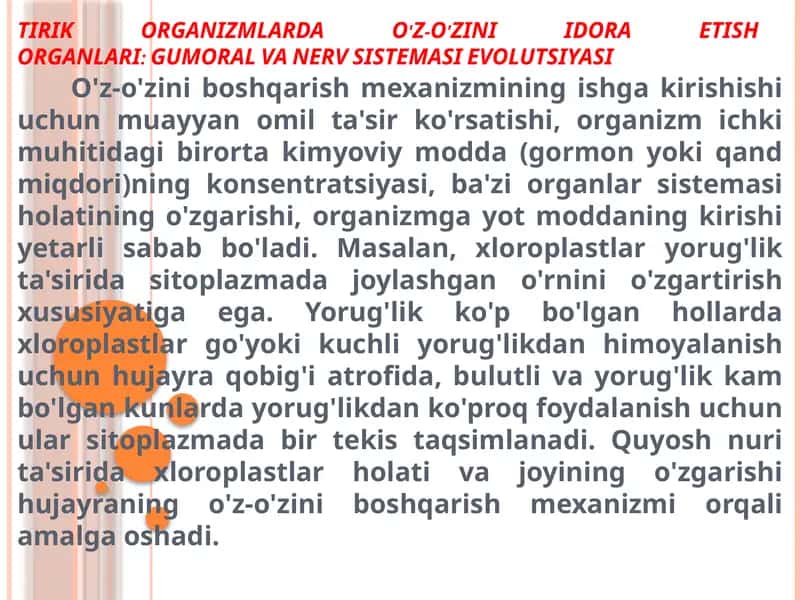 TIRIK ORGANIZMLARDA O'Z-O'ZINI IDORA ETISHORGANLARI: GUMORAL VA NERV SISTEMASI EVOLUTSIYASI