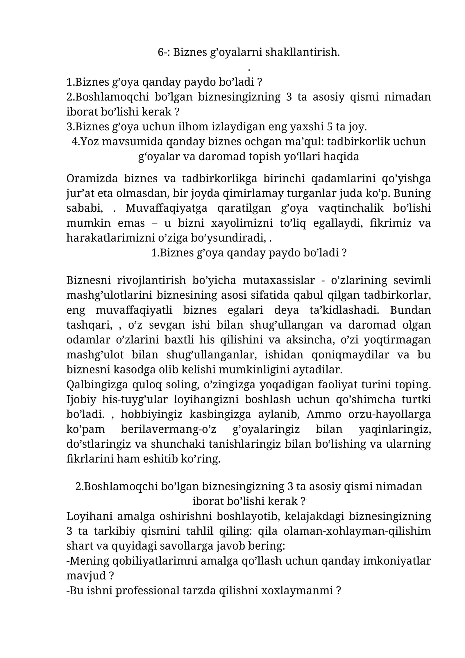 Biznes g’oyalarni shakllantirish