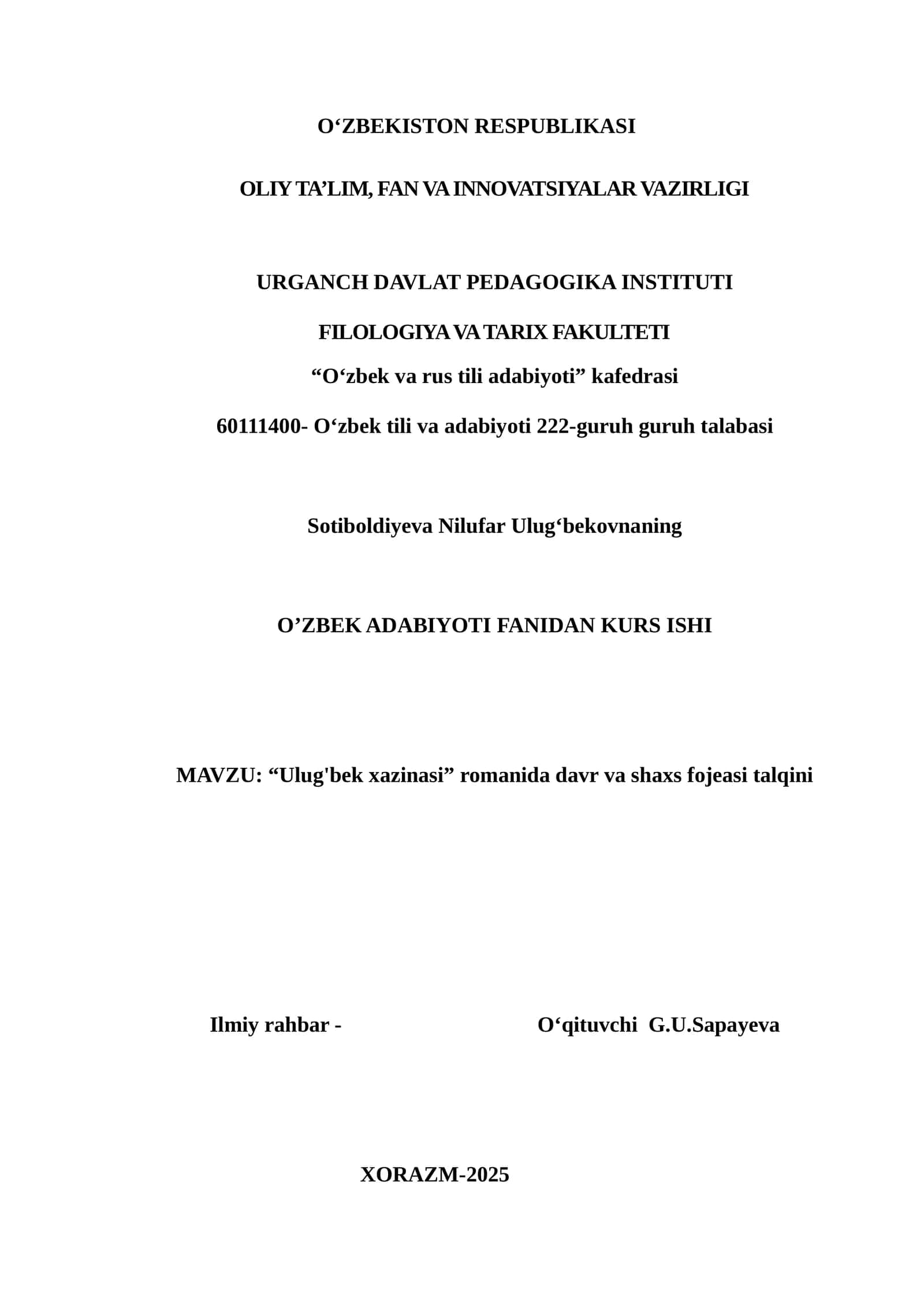 Ulug'bek xazinasi KURS ISHI