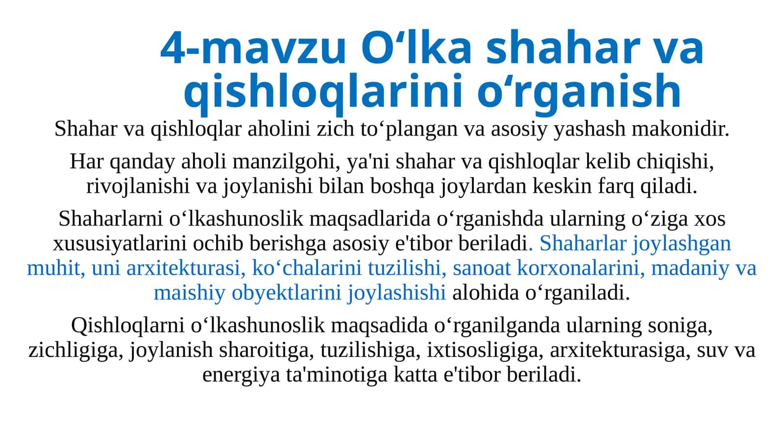 O‘lka shahar va qishloqlarini o‘rganish