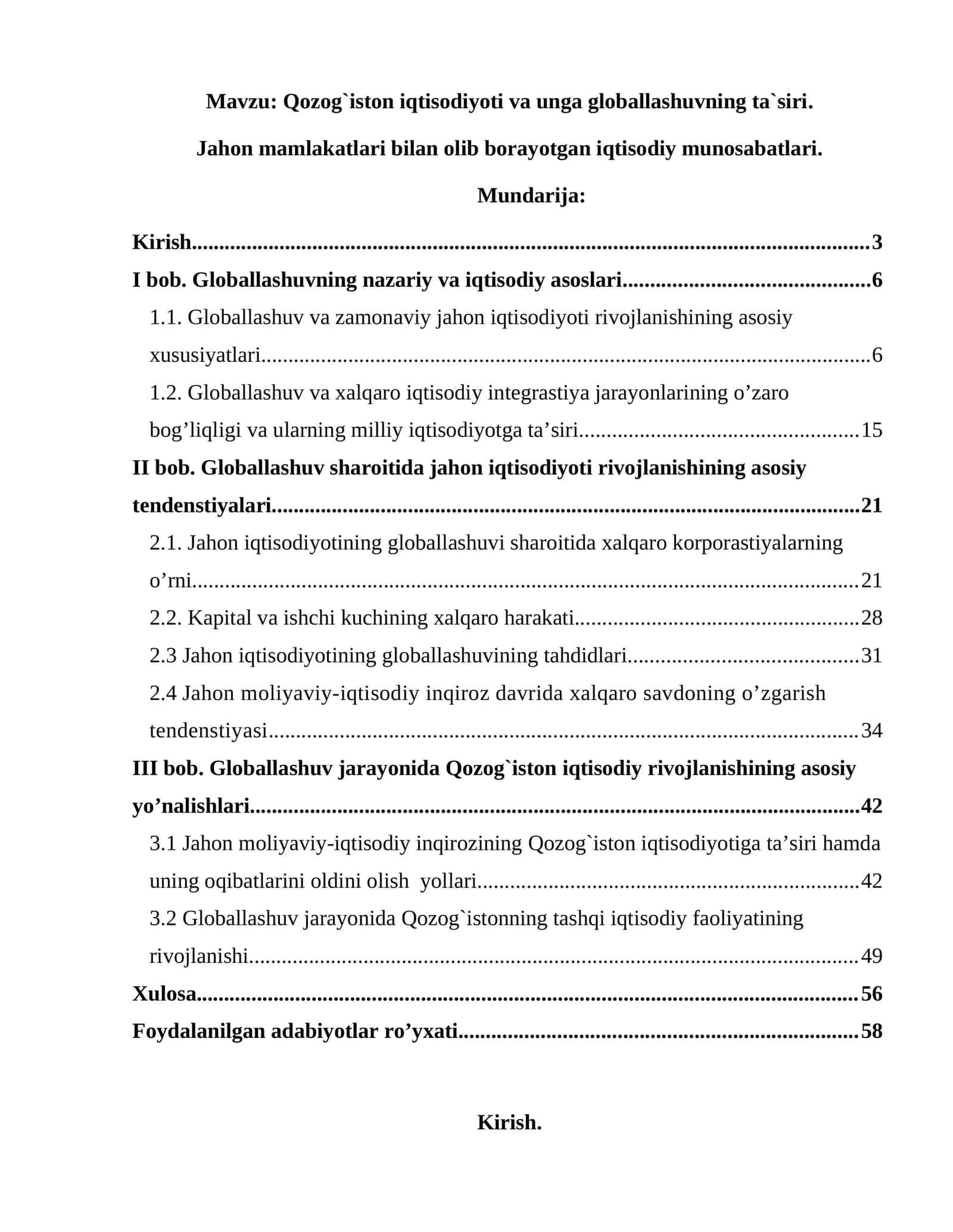 Qozog`iston iqtisodiyoti va unga globallashuvning ta`siri