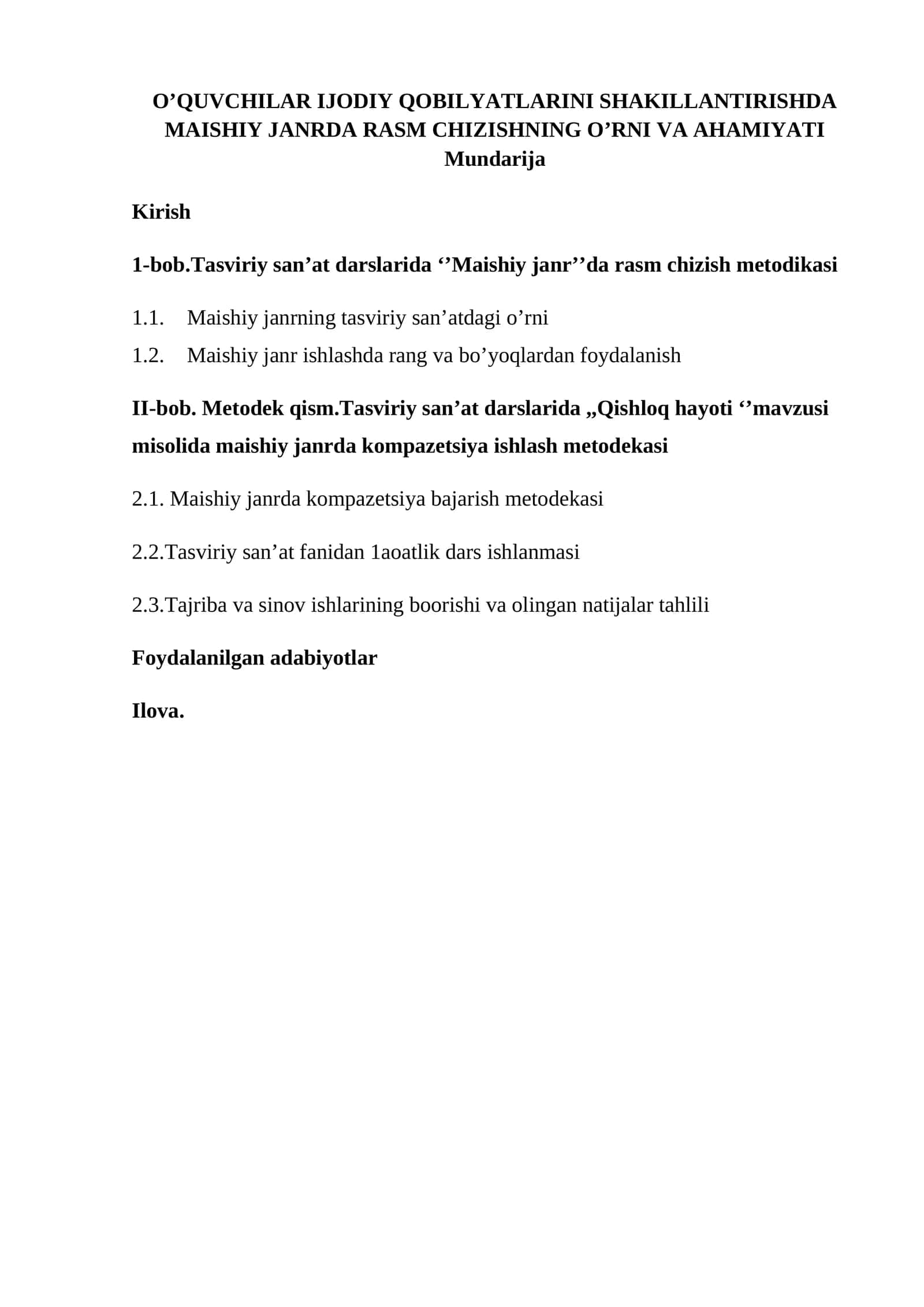 O’QUVCHILAR IJODIY QOBILYATLARINI SHAKILLANTIRISHDA MAISHIY JANRDA RASM CHIZISHNING O’RNI VA AHAMIYATI