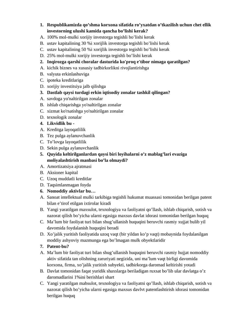 Iqtisodiyot fanidan test savollari