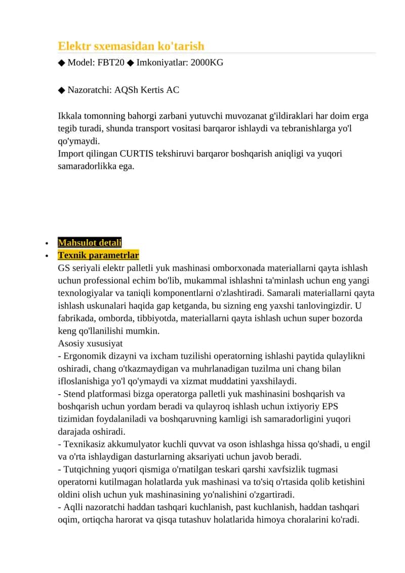 GS seriyali elektr palletli yuk mashinasi