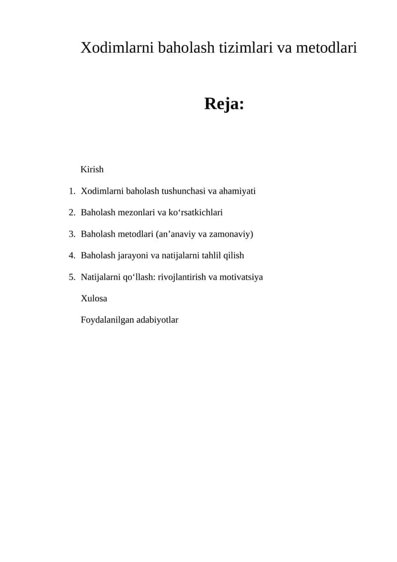 Xodimlarni baholash tizimlari va metodlari