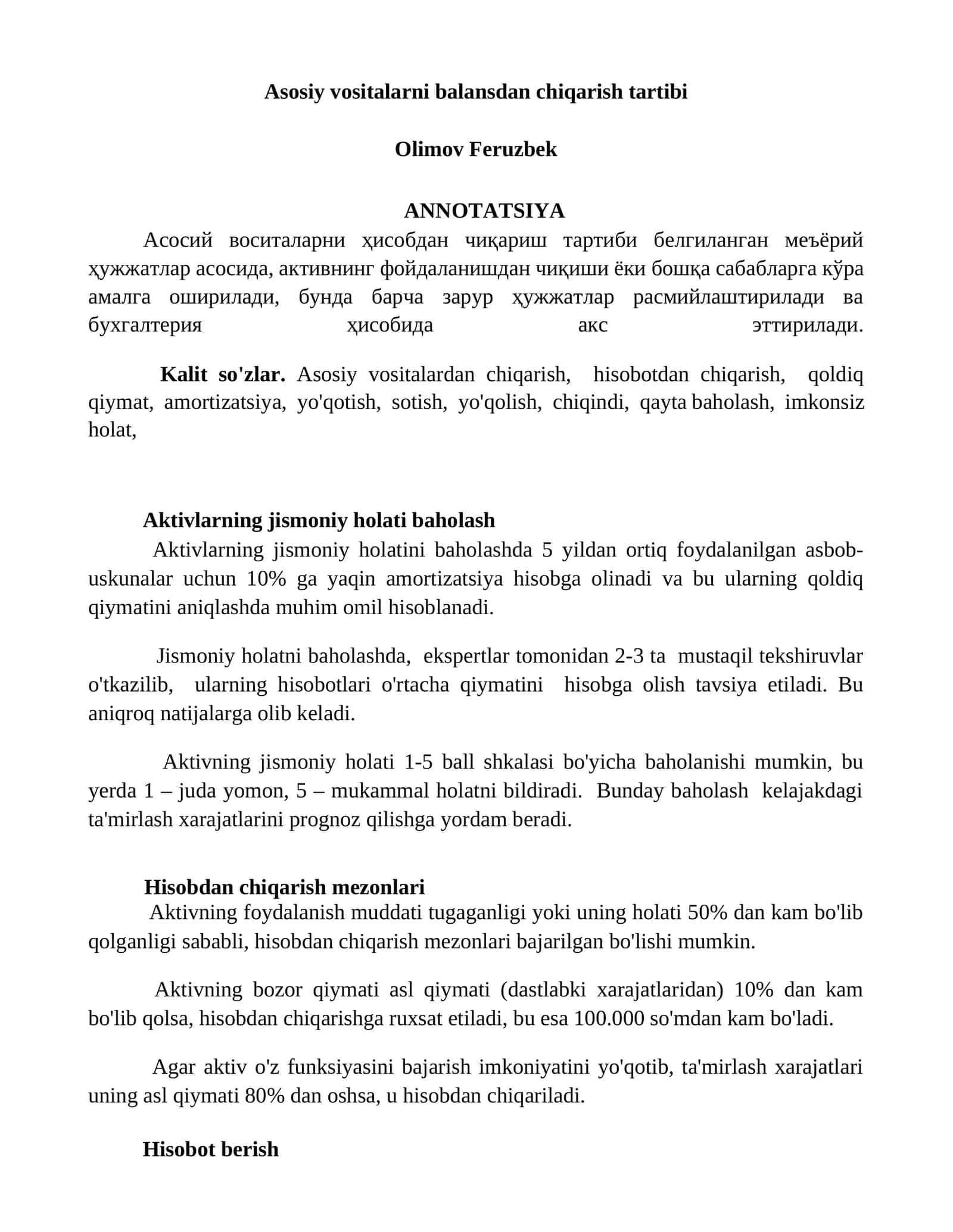 Asosiy vositalarni balansdan chiqarish tartibi