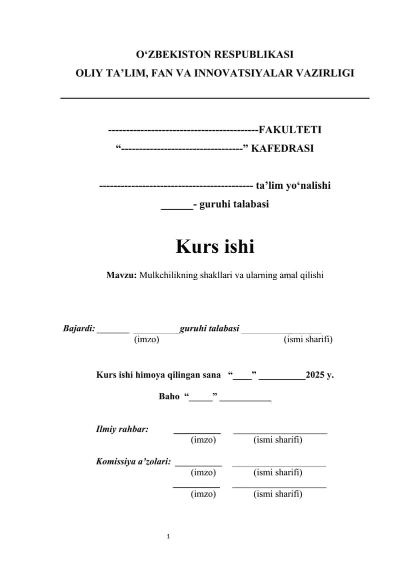 Mulkchilikning shakllari va ularning amal qilishi