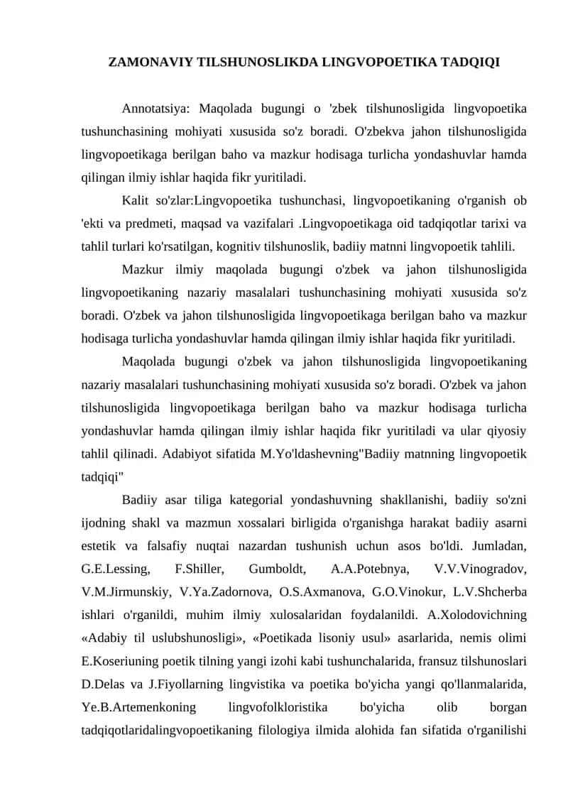 ZAMONAVIY TILSHUNOSLIKDA LINGVOPOETIKA TADQIQI