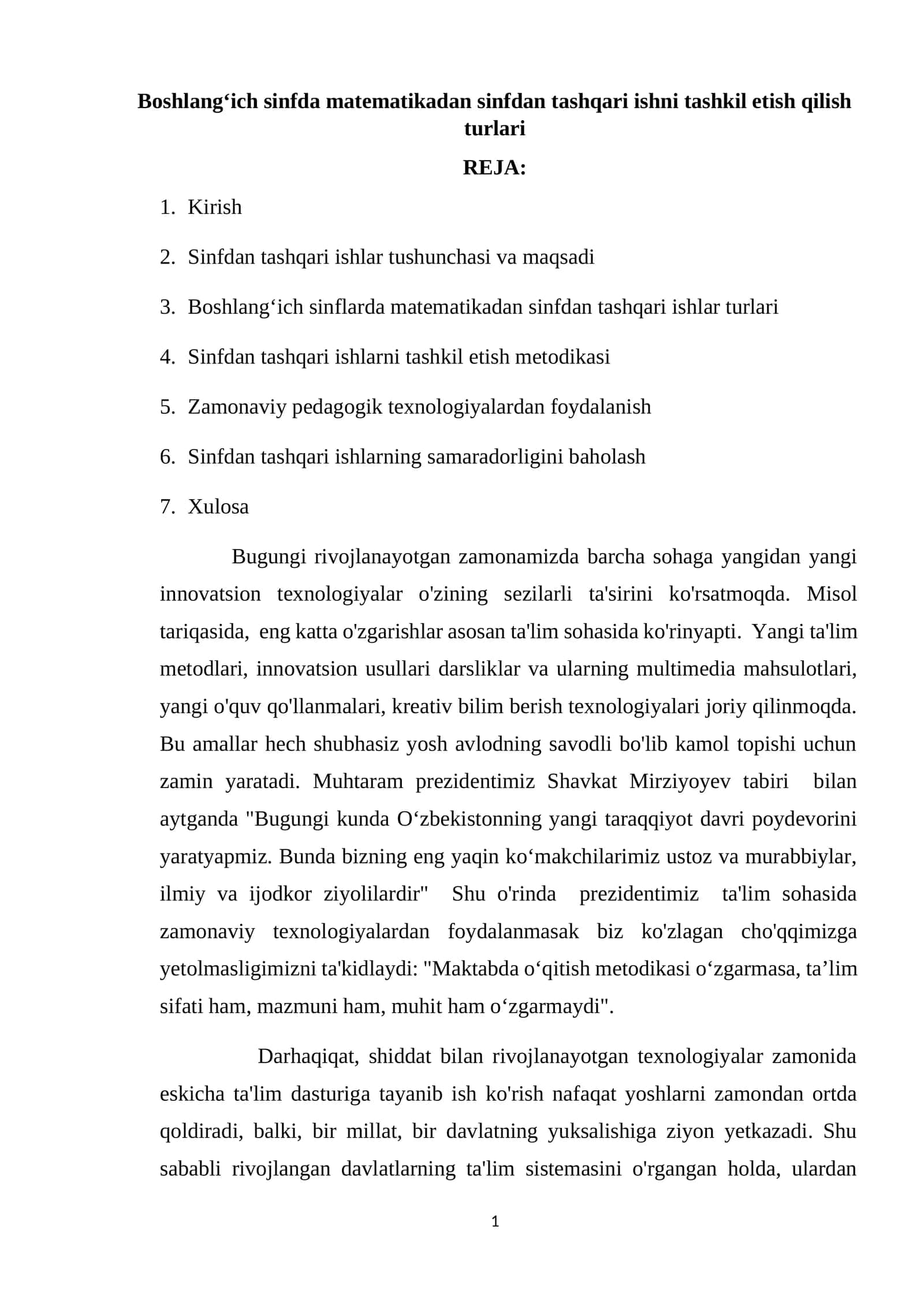 Sinfdan tashqari ishlar tashkil etish