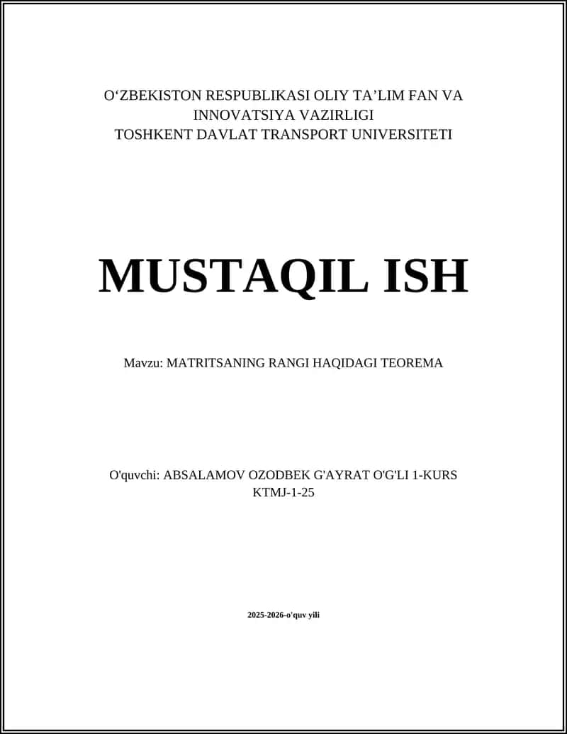 MATRITSANING RANGI HAQIDAGI TEOREMA
