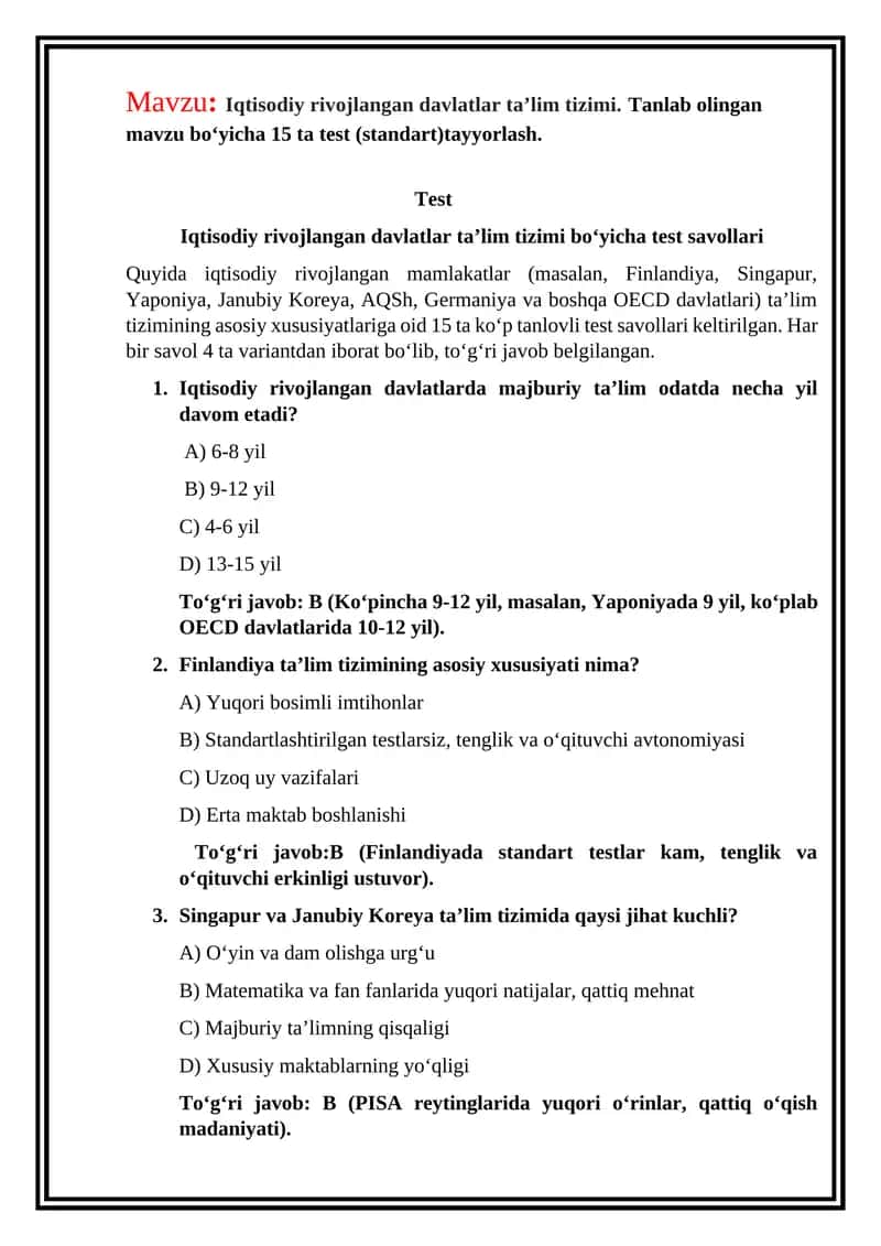 Iqtisodiy rivojlangan davlatlar ta’lim tizimi testlari