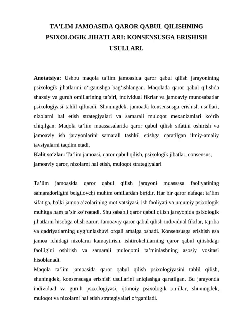 Taʼlim jamoasida qaror qabul qilishning psixologik jihatlari: konsensusga erishish usullari