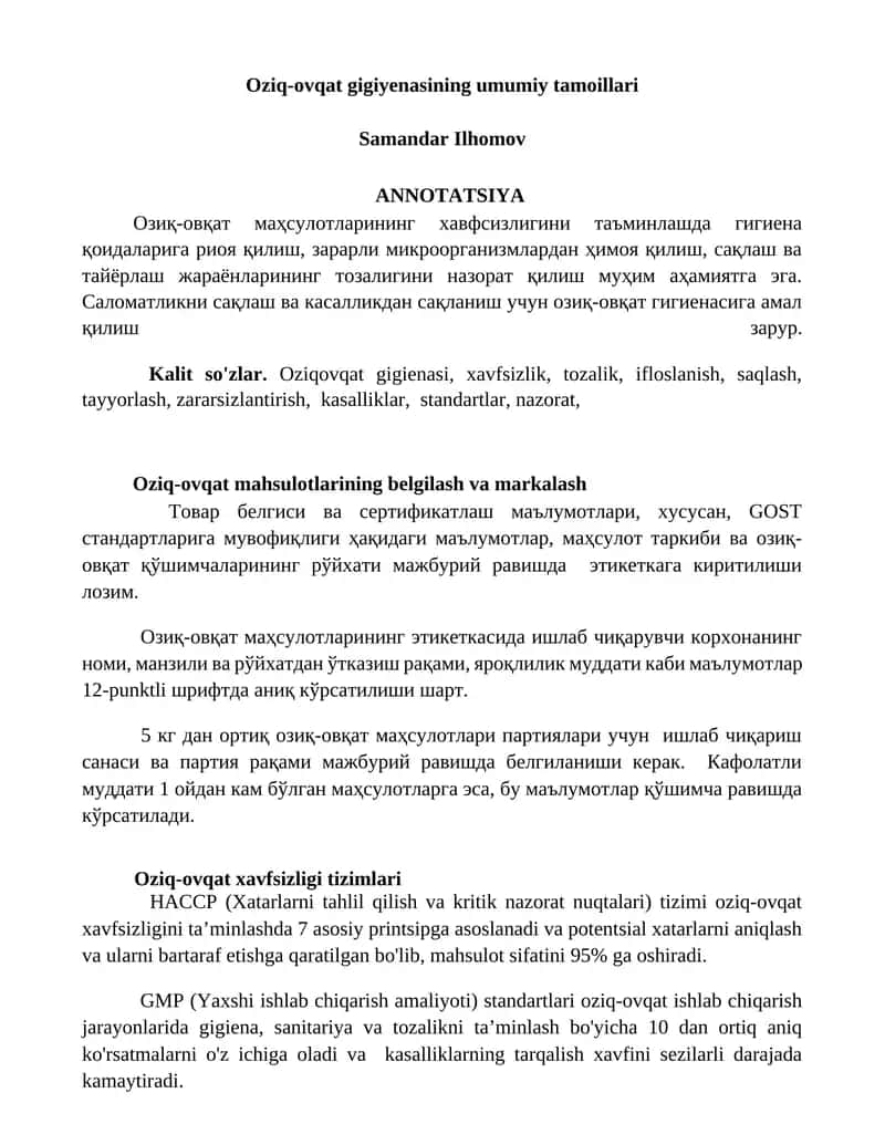 Oziq-ovqat gigiyenasining umumiy tamoillari