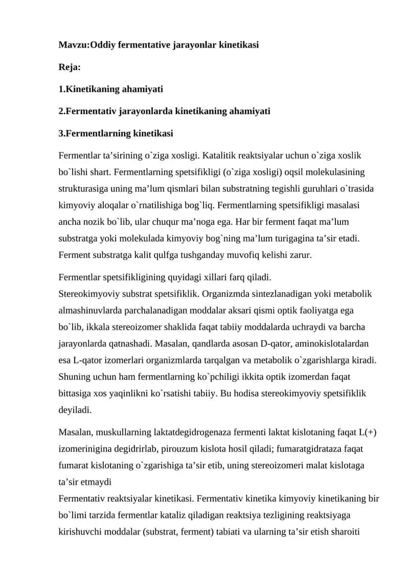 Oddiy fermentative jarayonlar kinetikasi