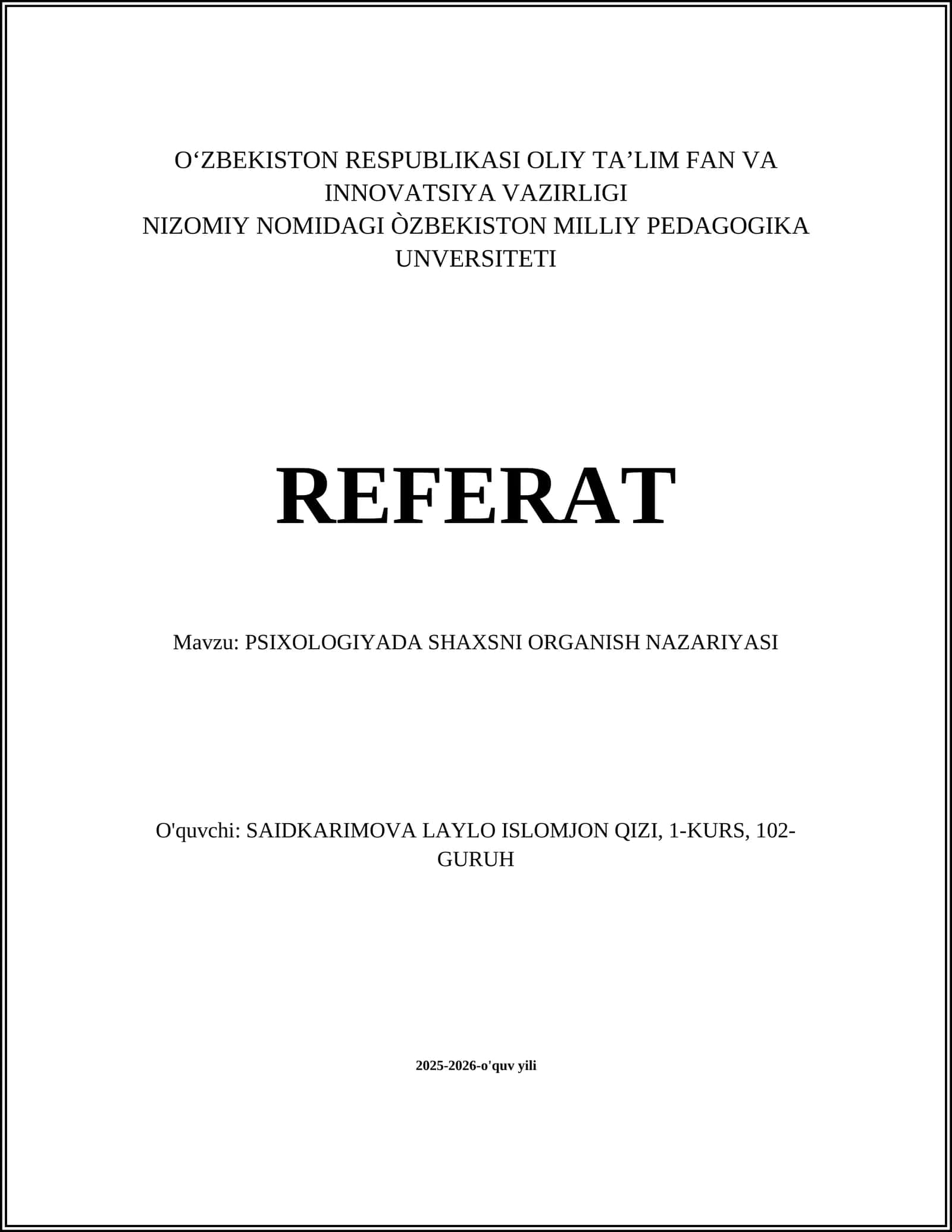 PSIXOLOGIYADA SHAXSNI ORGANISH NAZARIYASI
