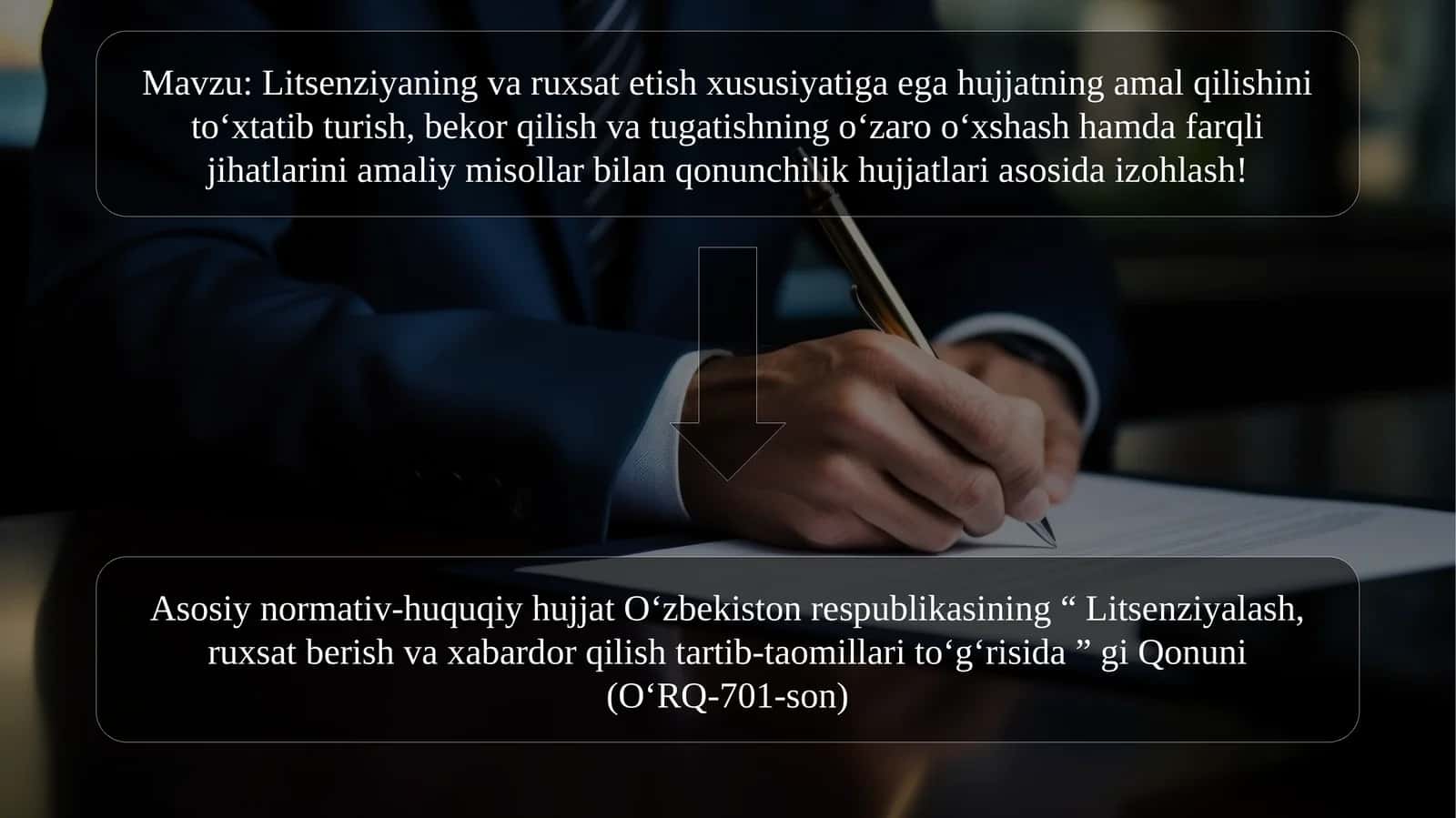 Litsenziyaning va ruxsat etish xususiyatiga ega hujjatning amal qilishini to‘xtatib turish, bekor qilish va tugatishning o‘zaro o‘xshash hamda farqli jihatlarini amaliy misollar bilan qonunchilik hujjatlari asosida izohlash!