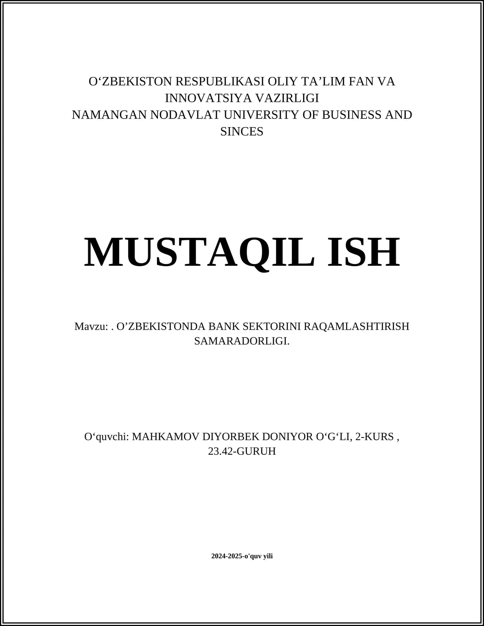 O'ZBEKISTON RESPUBLIKASI OLIY TA’LIM FAN VA INNOVATSIYA VAZIRLIGI