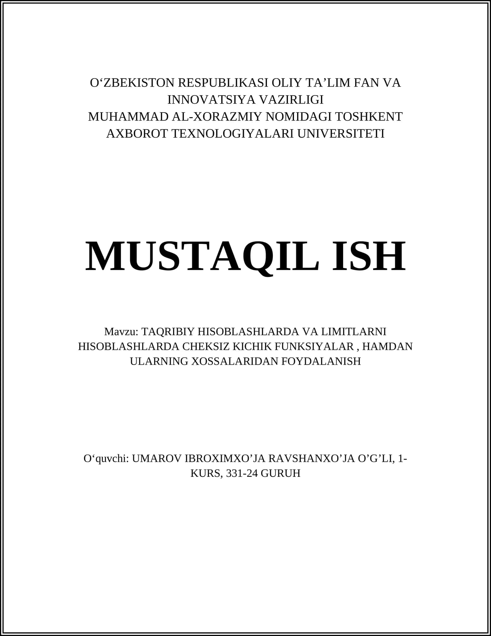 TAQRIBIY HISOBLASHLARDA VA LIMITLARNI HISOBLASHLARDA CHEKSIZ KICHIK FUNKSIYALAR
