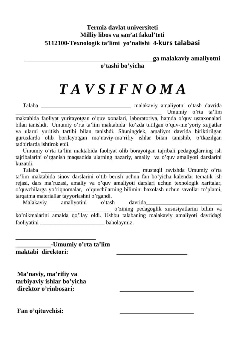 5112100-Texnologik ta’limi yo’nalishi 4-kurs talabasi