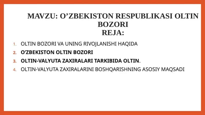 O'zbekiston Respublikasi Oltin Bozori Rejasi