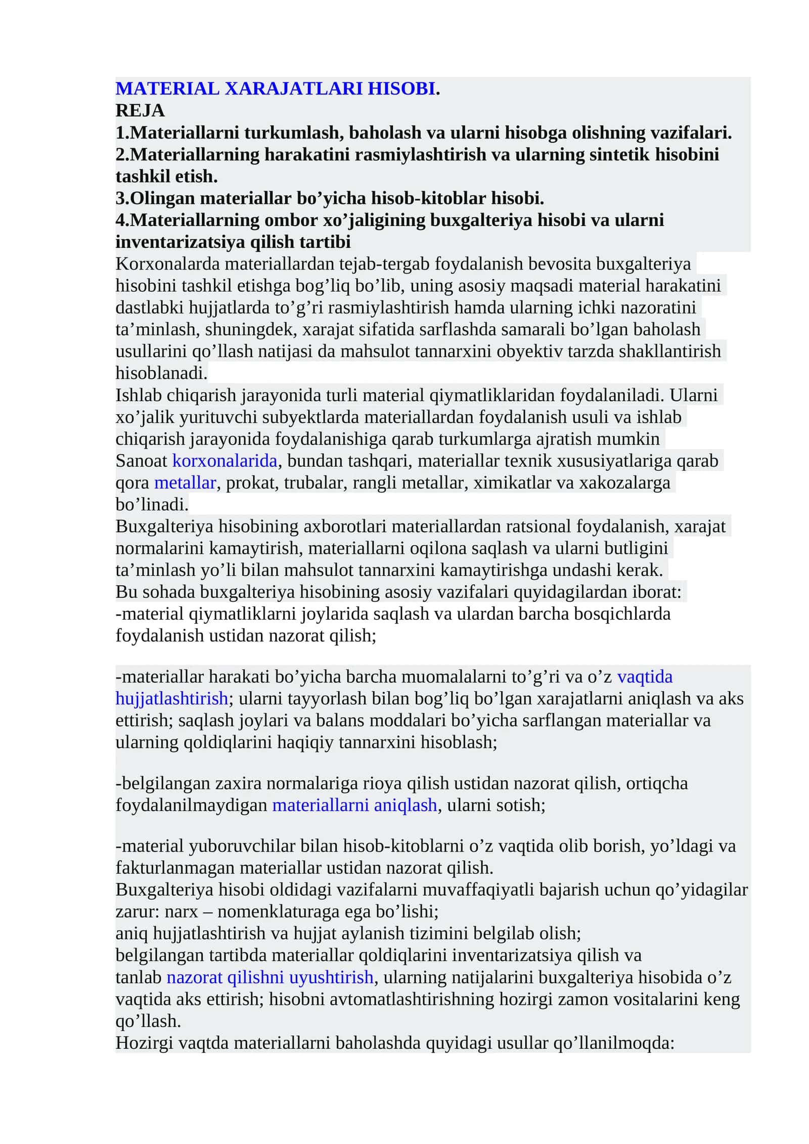 MATERIAL XARAJATLARI HISOBI