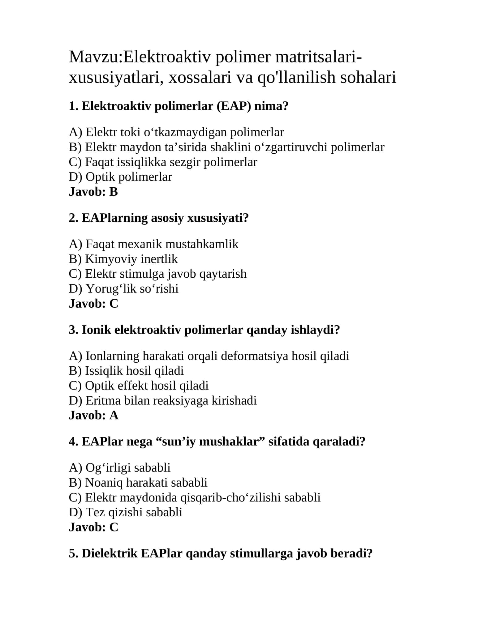 Elektroaktiv polimer matritsalari- xususiyatlari, xossalari va qo'llanilish sohalari