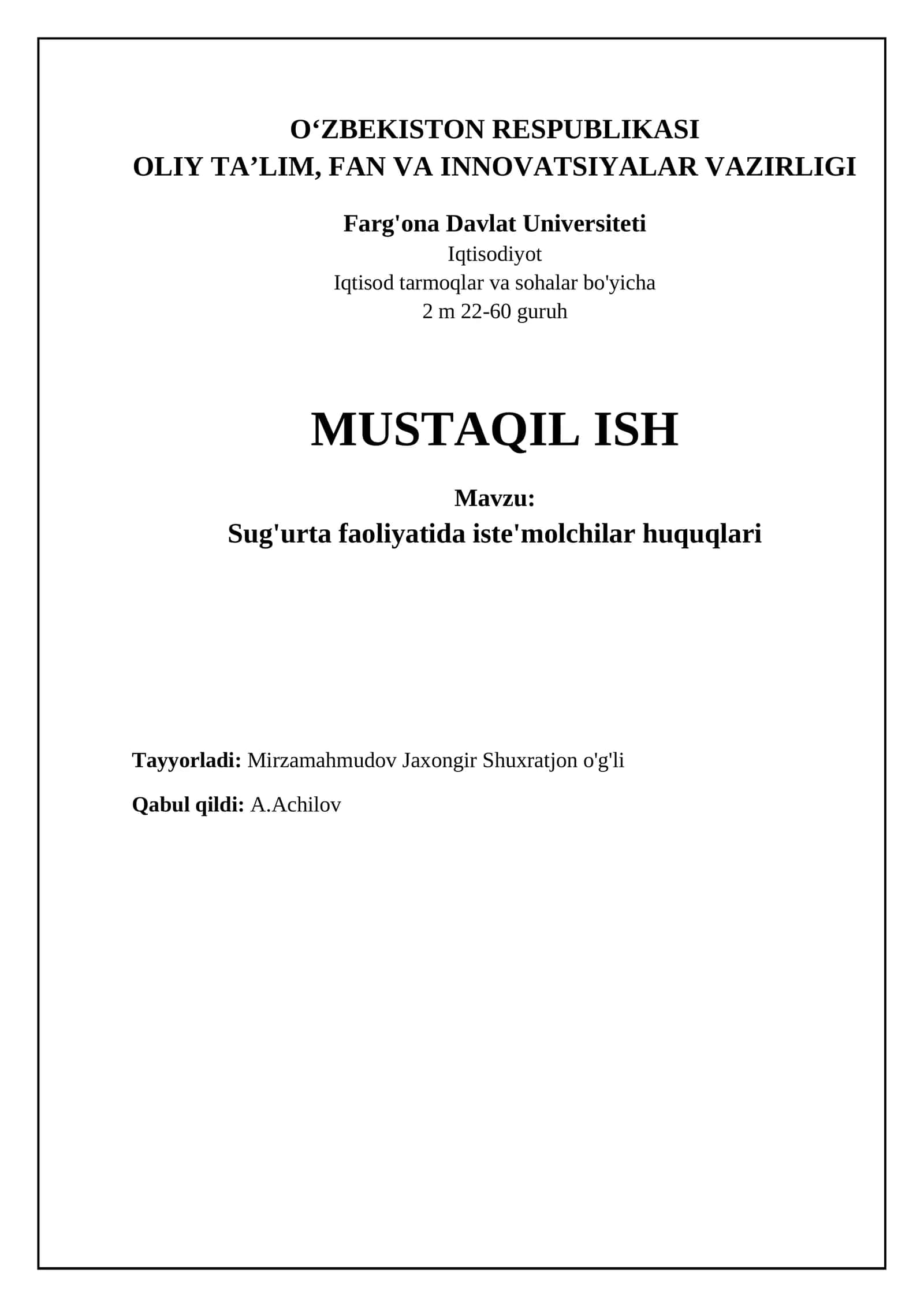 Sug'urta faoliyatida iste'molchilar huquqlari