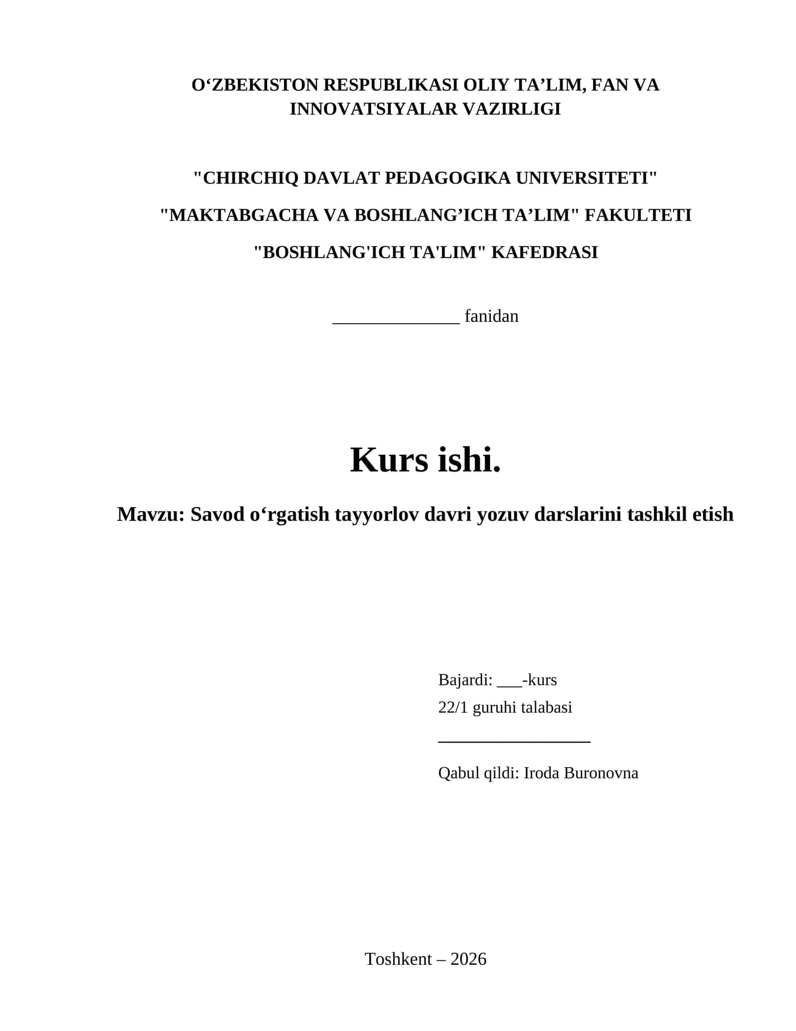 Savod oʻrgatish tayyorlov davri yozuv darslarini tashkil etish