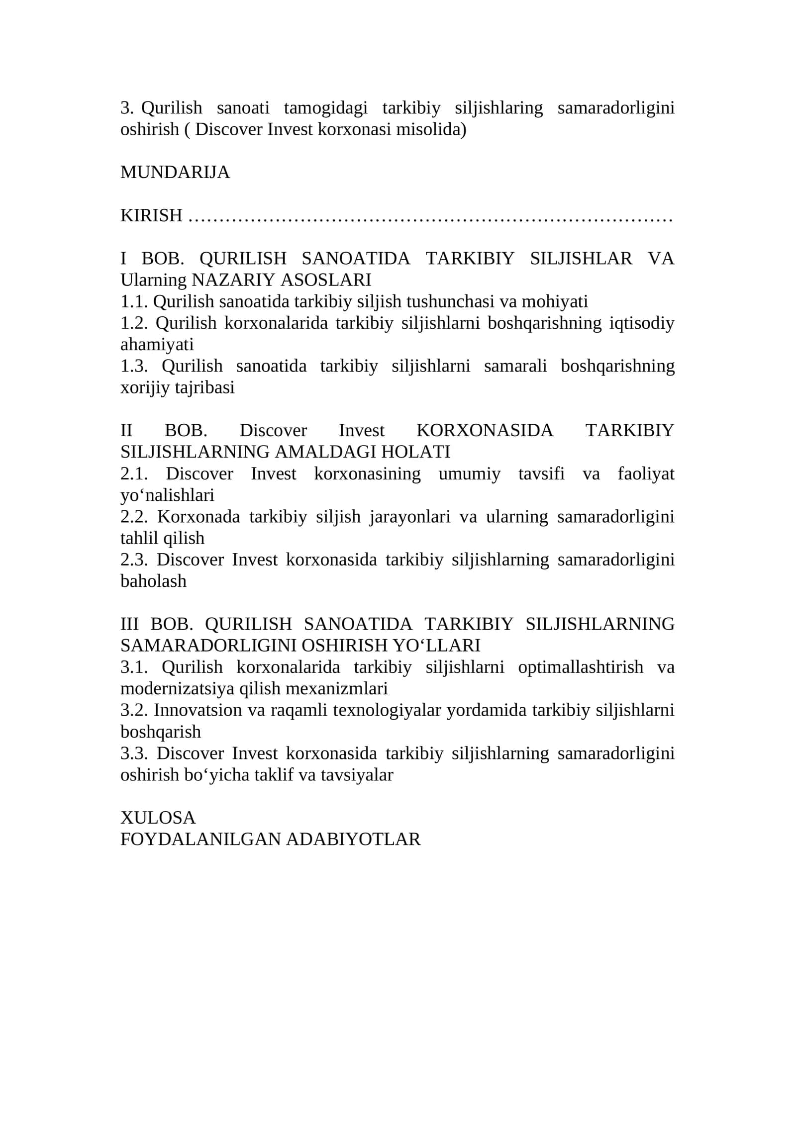 Qurilish sanoati tamogidagi tarkibiy siljishlaring samaradorligini oshirish