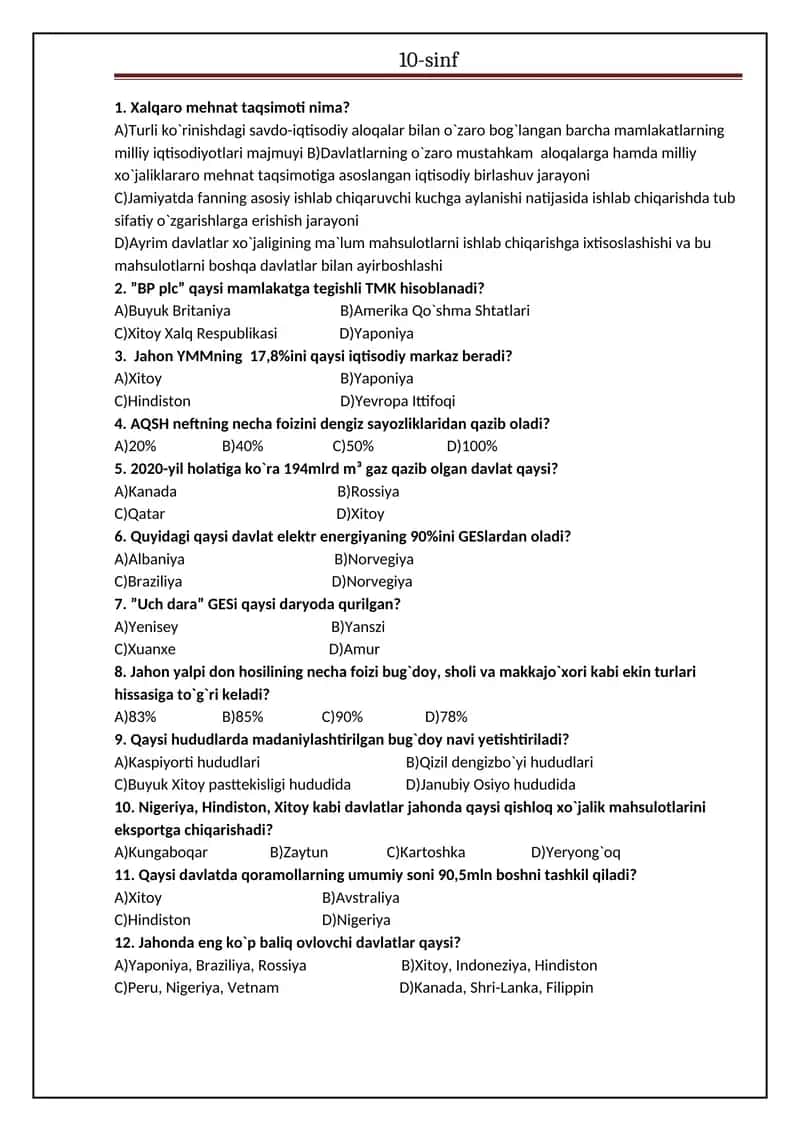 10-sinf yangi nashr etilgan geografiya darsligi asosida tuzilgan test