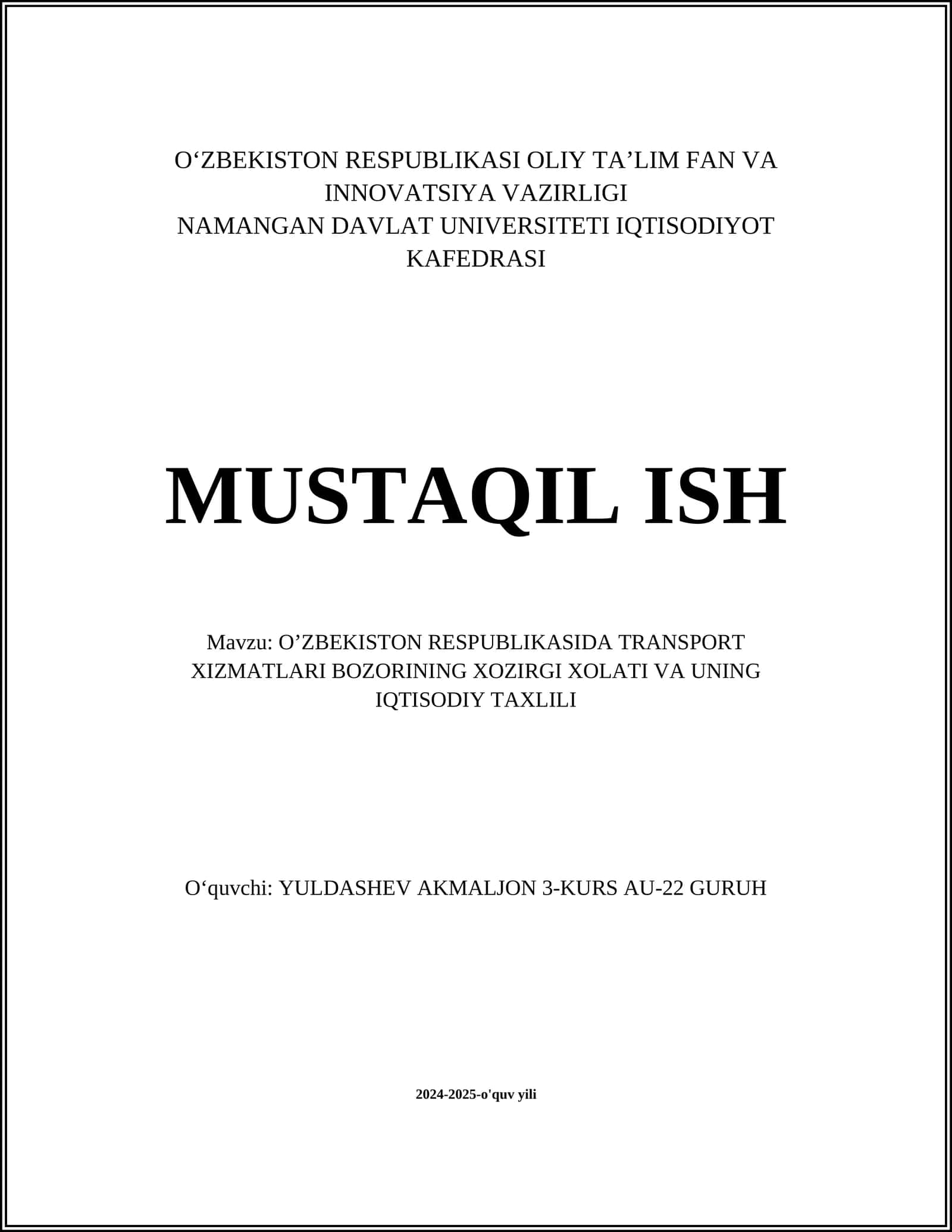O’ZBЕKISTОN RЕSPUBLIKАSIDА TRАNSPОRT ХIZMАTLАRI BОZОRINING ХОZIRGI ХОLАTI VА UNING IQTISОDIY TАХLILI