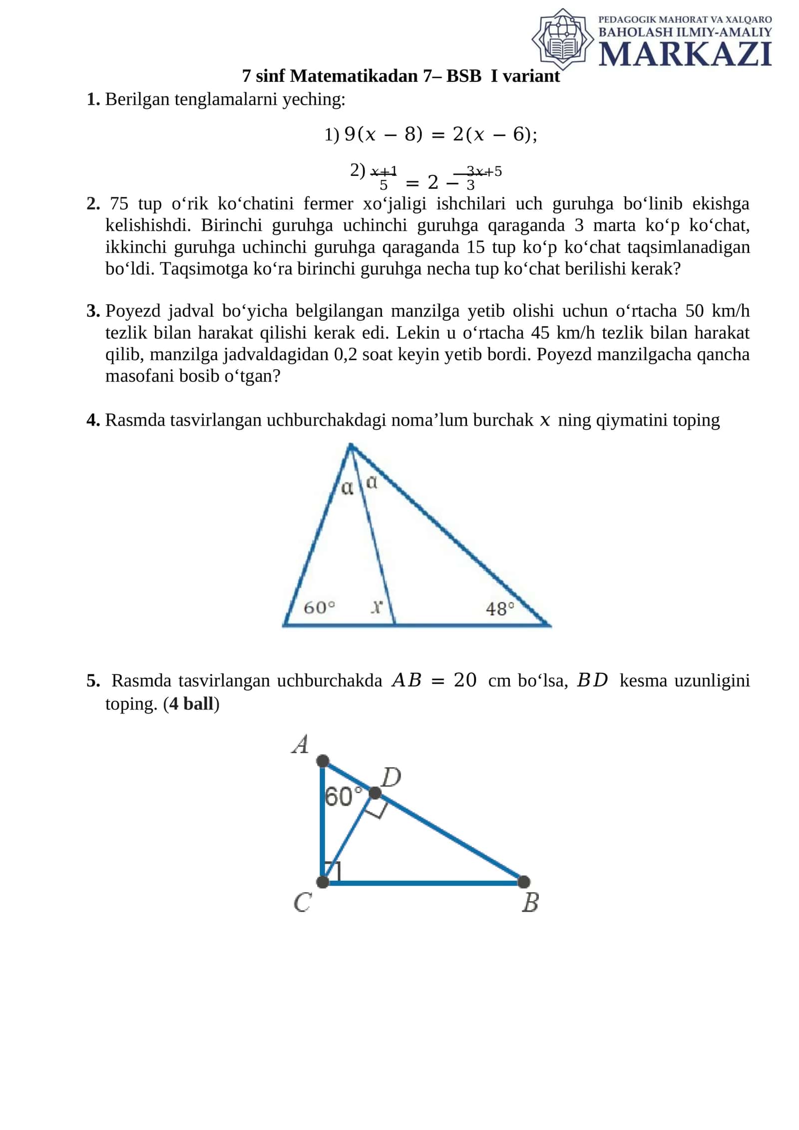 7 sinf Matematikadan 7– BSB I variant